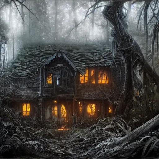 Image similar to dilapidated broken wooden house, tucked within the witchwood forest, evil fairies, overgrown, detailed intricate ink illustration, dark atmosphere, detailed illustration, hd, 4k, digital art, overdetailed art, concept art, by greg rutkowski, by loish, complementing colors, Trending on artstation, deviantart