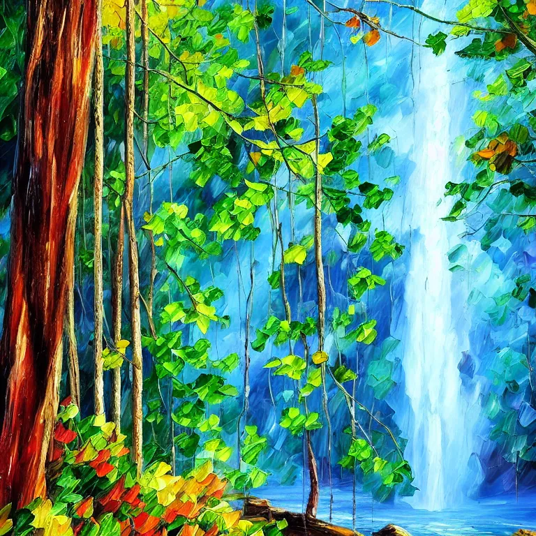 Image similar to A beautiful oil painting of a very tall waterfall on a very rocky cliff, in the middle of a huge forest of trees with bright blue glowing leaves, by Afremov