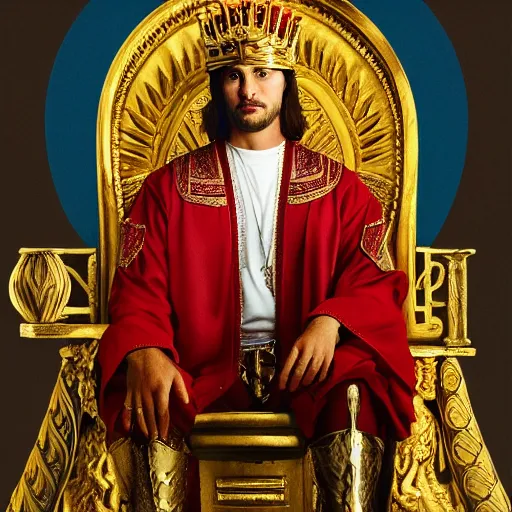 Image similar to modern self portrait of man sitting on throne, legs crossed, while holding a sword, white man, hispanic, brown hair, light skin, golden throne, red robes, 8 k, hi - rez, circles, lamented, clear, brown eyes, colored, sharp, realistic, 3 d