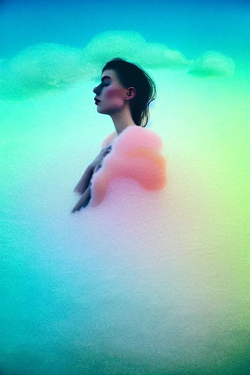 Image similar to high quality pastel coloured film close up wide angle photograph of a model wearing clothing swimming on cloud furniture in a icelandic black rock!! environment in a partially haze filled dreamstate world. three point light, rainbow. photographic production. art directed. pastel colours. volumetric clouds. pastel gradient overlay. waves glitch artefacts. extreme facial clarity. 8 k. filmic.