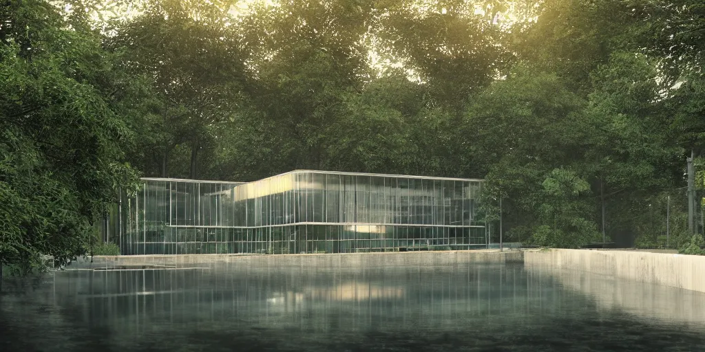 Prompt: a stunningly detailed arts center designed by Le Corbusier, surrounded by lush green forest, ponds of water, stunning volumetric lighting, sunset, metal, concrete, glass, stunning skies, trending on Artstation, 8k, photorealistic, hyper detailed, unreal engine 5, IMAX quality, cinematic, epic lighting, in the style of Greg Rutkowski