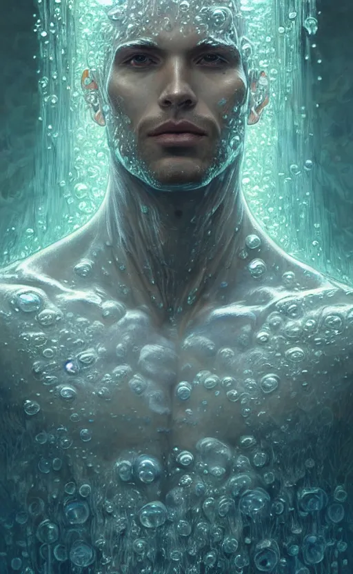 Image similar to portrait of a water man, a humanoid creature made of pure water with tiny water plants on him, concept art, deep focus, fantasy, intricate, highly detailed, digital painting, artstation, matte, sharp focus, illustration, art by artgerm and greg rutkowski and alphonse mucha