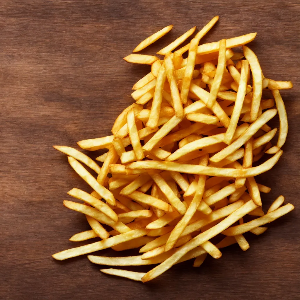 Image similar to close-up view of french fries on top of a wooden table, 8k, high detail, photorealistic, proper shading