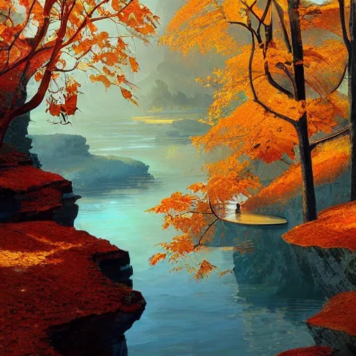 Image similar to river cliff autumn cryengine render detailed digital art art nouveau hyper realism by victo ngai, m. c. escher, greg rutkowski, leonid afremov, moebius, john stephens, tim white, frank gehry