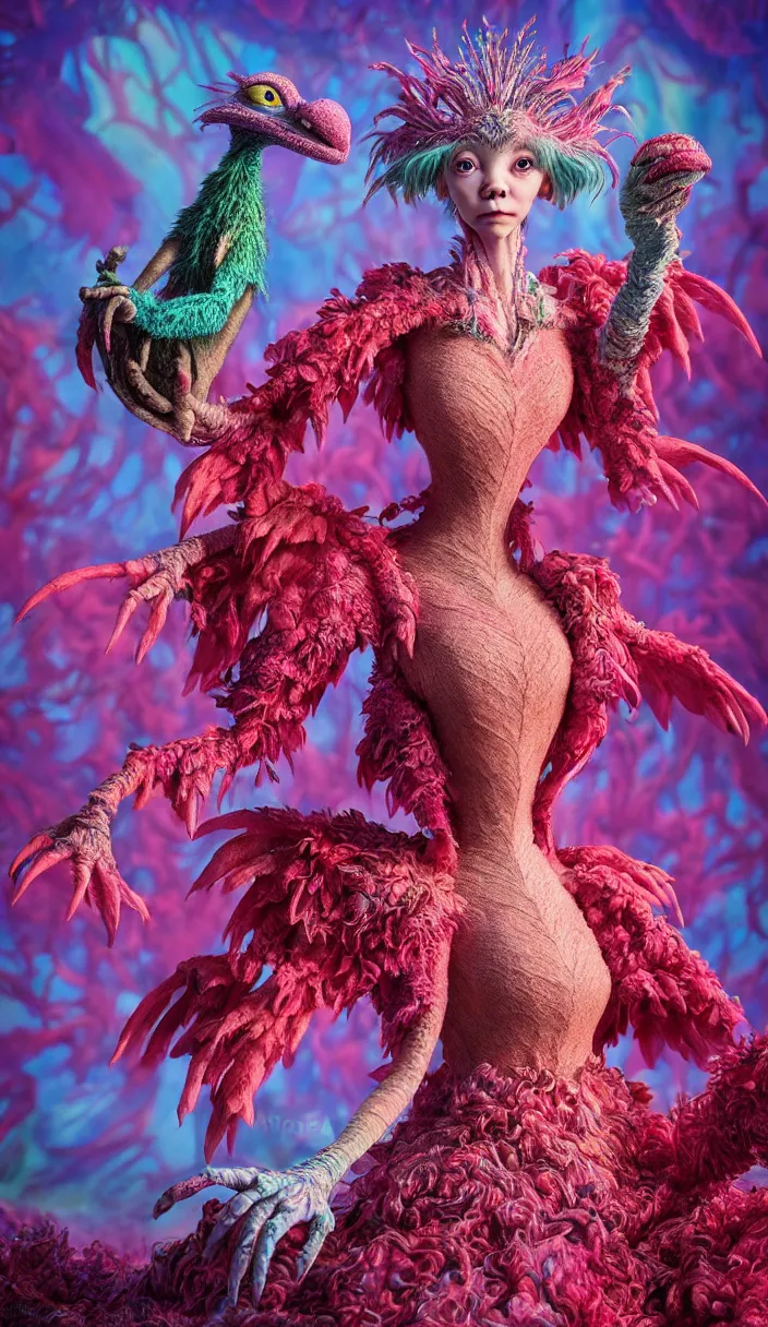 Prompt: hyper detailed 3d render like a Oil painting - kawaii portrait Aurora (a beautiful skeksis muppet fae queen from dark crystal that looks like Anya Taylor-Joy) seen red carpet photoshoot in UVIVF posing in scaly dress to Eat of the Strangling network of yellowcake aerochrome and milky Fruit and His delicate Hands hold of gossamer polyp blossoms bring iridescent fungal flowers whose spores black the foolish stars by Jacek Yerka, Ilya Kuvshinov, Mariusz Lewandowski, Houdini algorithmic generative render, Abstract brush strokes, Masterpiece, Edward Hopper and James Gilleard, Zdzislaw Beksinski, Mark Ryden, Wolfgang Lettl, hints of Yayoi Kasuma and Dr. Seuss, octane render, 8k