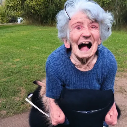 Prompt: an old woman who has just swallowed a whole cat and is proud of herself for it.