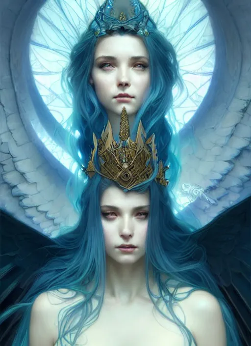 Image similar to a beautiful cinematic female archangel queen, fantasy sea landscape, fantasy magic, short aqua blue black fade hair, dark light night, intricate, elegant, sharp focus, illustration, highly detailed, digital painting, concept art, matte, art by WLOP and Artgerm and Greg Rutkowski and Alphonse Mucha, masterpiece