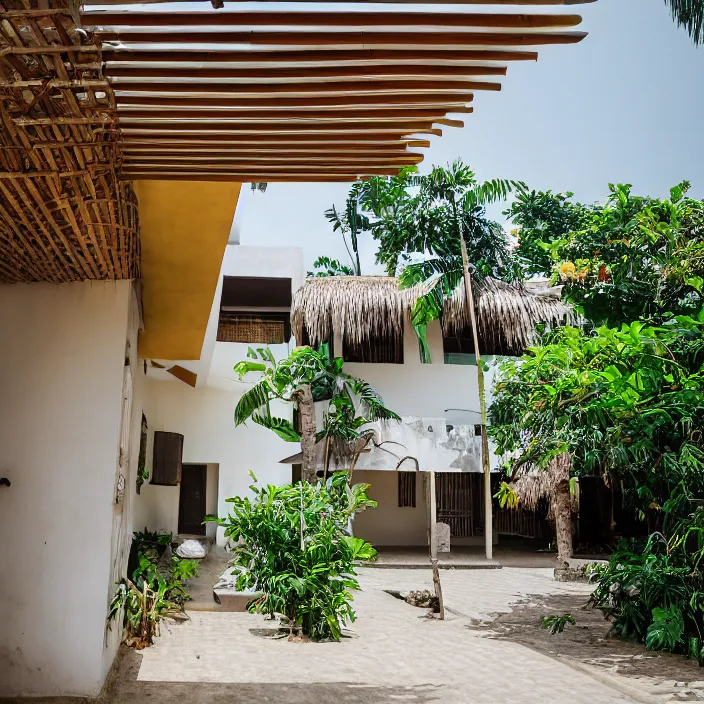 Image similar to idyllic town house on a quiet street in lagos, tropical architecture with sun shading and pergolas, modernist african building, contemporary architecture, architectural photography, canon eos r 3, telephoto lens, sigma 5 0 0 mm f / 5, iso 2 0 0, 1 / 1 6 0 s, 8 k, raw, unedited, in - frame