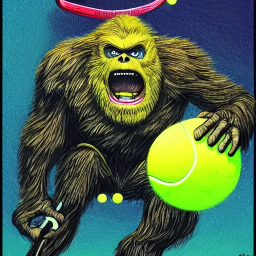 Prompt: a tennis ball monster ,tennis ball, king kong, chalk digital art, fantasy, magic, trending on artstation, ultra detailed, professional illustration by Basil Gogos