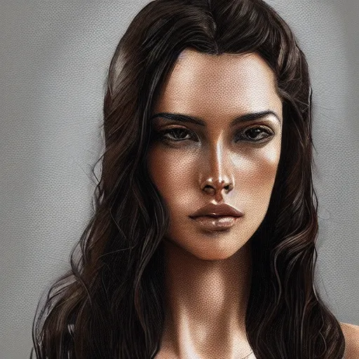 Prompt: Brazilan Supermodel, olive skin, long dark hair, beautiful bone structure, intricate, elegant, highly detailed, digital painting, artstation, concept art, smooth, sharp focus, illustration, art Chuck Close