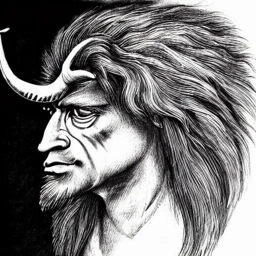 Image similar to human / eagle / lion / ox hybrid. horns, beak, mane, human body. drawn by da vinci