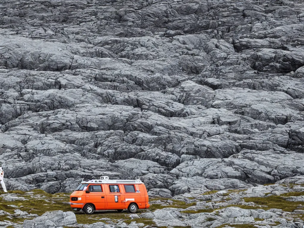 Prompt: tourist astronaut standing in the Isle of Harris, Scotland, a campervan in the background, rocks, hills, remote, 35 mm lens, photorealistic