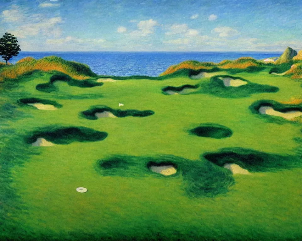 Image similar to achingly beautiful painting of bandon dunes golf course by rene magritte, monet, and turner.