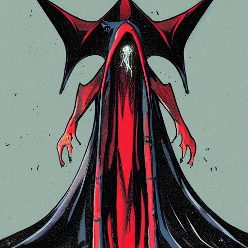 Prompt: concept art character with a vampire squid head and cape that is tall and thin that lives in an ocean setting in the apocalypse created by Dana terrace for a comic book with chromatic aberration and design influences from fret nice the video game