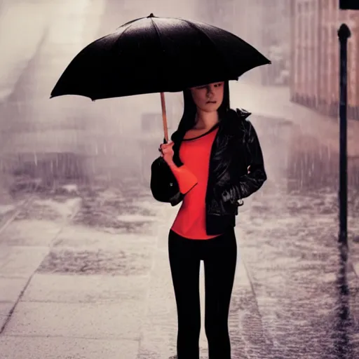 Prompt: heavy rain and a girl with an umbrella in black and withe