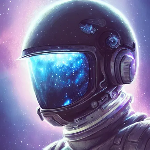 Prompt: portrait of a young rugged astronaut, galaxy spiral background. exploded helmet, D&D, fantasy, intricate, elegant, highly detailed, digital painting, artstation, concept art, matte, sharp focus, illustration, art by Anna dittmann