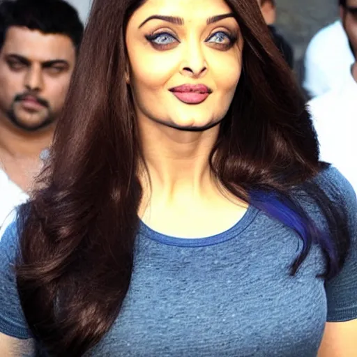 Prompt: aishwarya rai, blue tight tshirt, black extremely tight jeans, beautiful, award winning photography, extremely detailed, hyperrealistic, 4 k, real detailed face, full body, amazing bulging chest