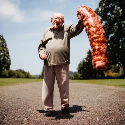 Image similar to An elderly man throwing a sausage, Canon EOS R3, f/1.4, ISO 200, 1/160s, 8K, RAW, unedited, symmetrical balance, in-frame