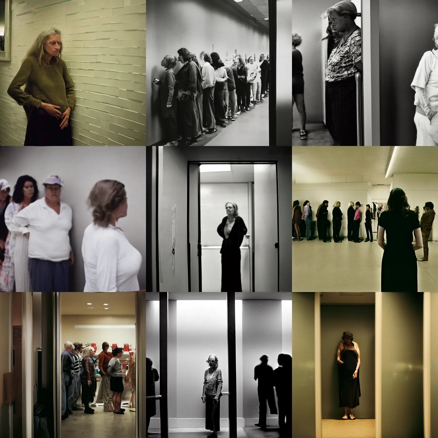 Prompt: photo of an impatient woman waiting in line for the bathroom taken by annie leibovitz