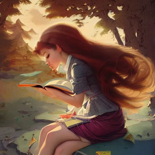 Image similar to a girl reading a book, hair flowing down, matte painting, bold shapes, hard edges, street art, trending on artstation, by huang guangjian and gil elvgren and sachin teng