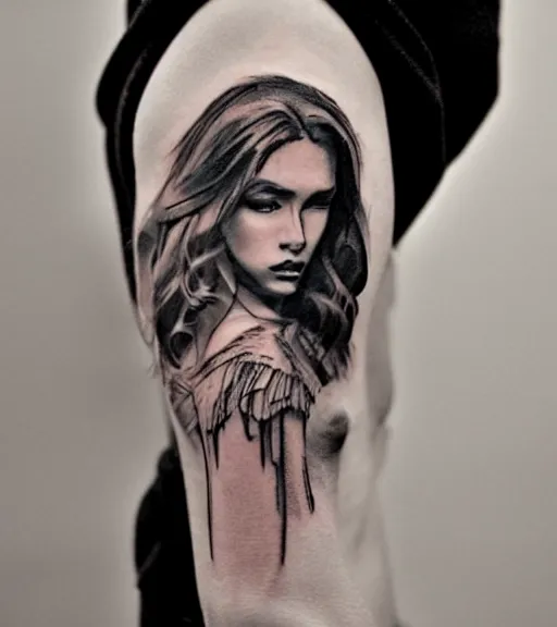 Image similar to tattoo design sketch of the most beautiful woman portrait faded to a background of beautiful mountains on her side, hyper - realistic, double exposure effect, in the style of den yakovlev, amazing detail, black and white, faded