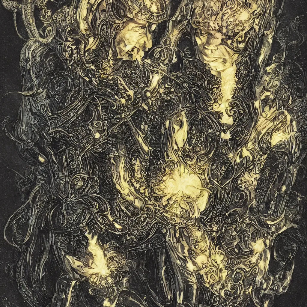 Prompt: A dramatic full color art nouveau bust portrait of Elric of Melnibone in black detailed armor, holding a rune-engraved black broadsword glowing with eldritch power, wearing an intricately hyperdetailed eyeball star chaos crown, by Travis Charest, P. Craig Russell, Michael Kaluta and Jia Ruan, fantasy, crisp lighting and edges, dark ambience, malevolent expression, determination, fear, confidence, accurate symmetrical facial details, aquiline facial features, medieval fantasy designs, white wolf