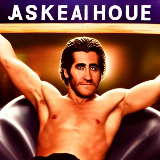 Image similar to a movie poster of Jake Gyllenhaal as patrick Swayze sitting in a hot tub in the movie Road House