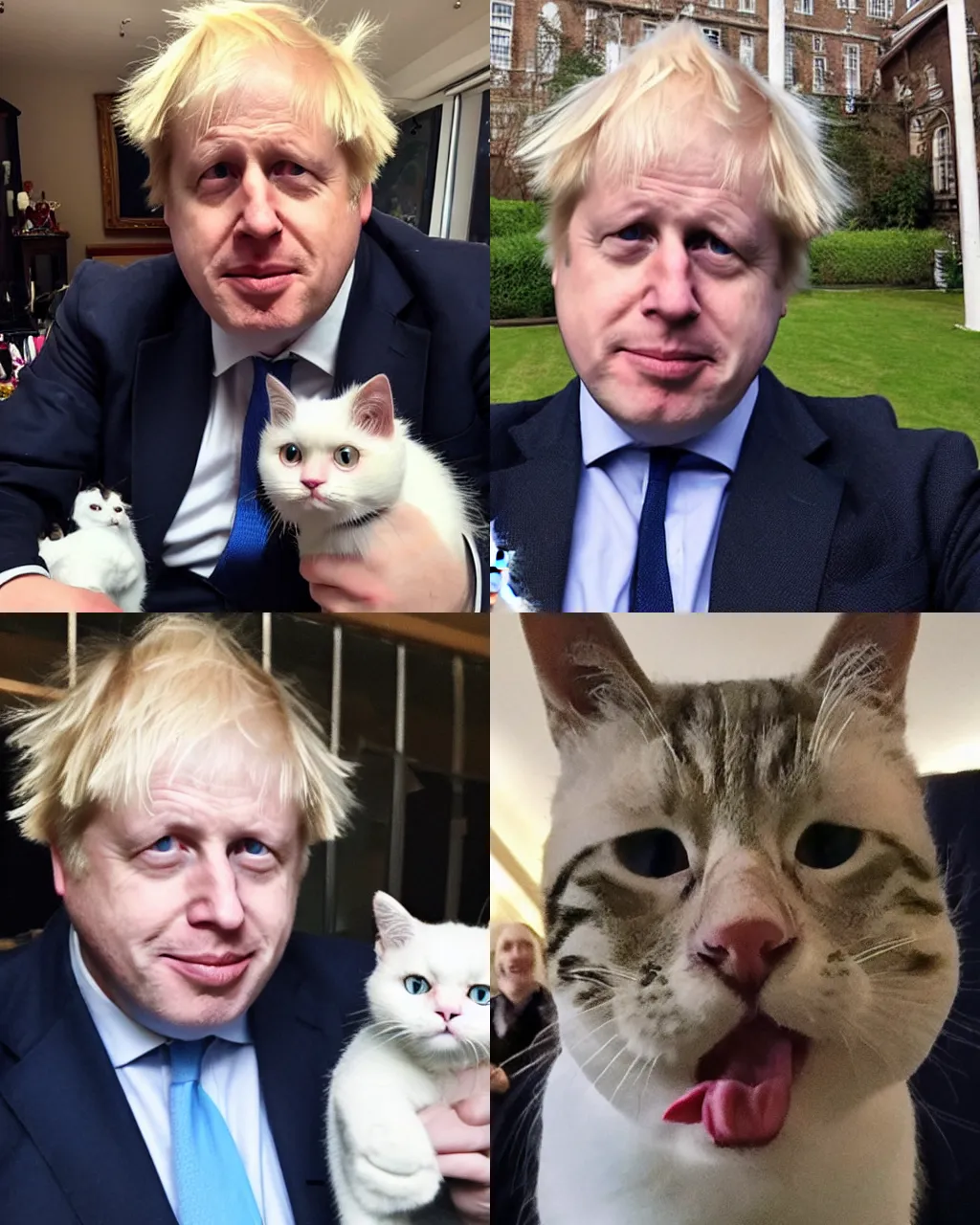 Prompt: boris johnson using a cute cat filter on snapchat, selfie video