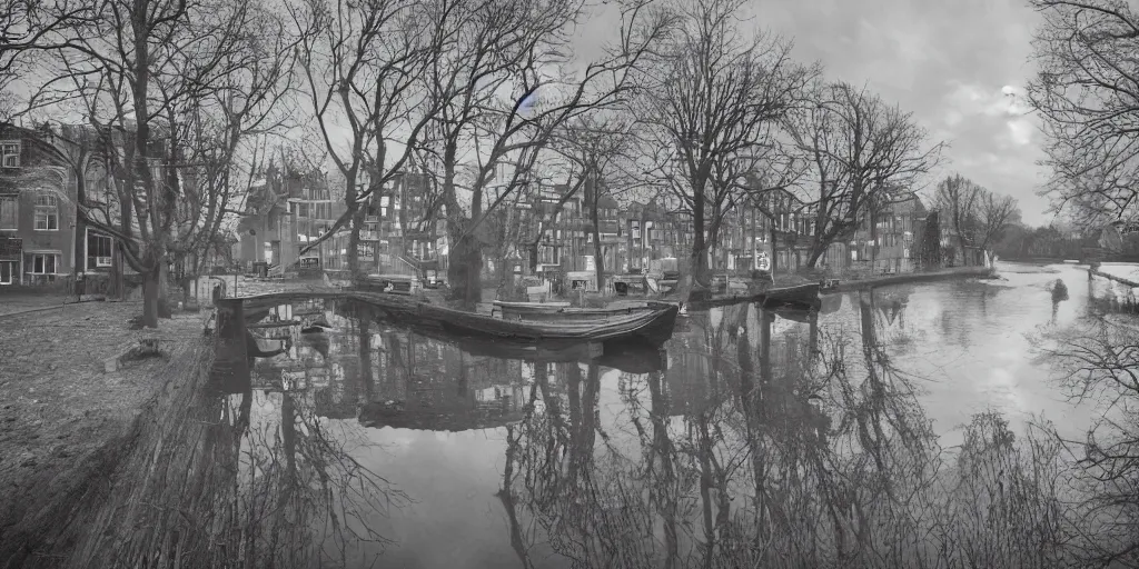 Image similar to Dutch houses along a river, silhouette!!!, Circular white full moon, black sky with stars, lit windows, stars in the sky, b&w!, Reflections on the river, a man is punting, flat!!, Front profile!!!!, high contrast, HDR, concept art, street lanterns, 1904, Style of Frank Weston, illustration