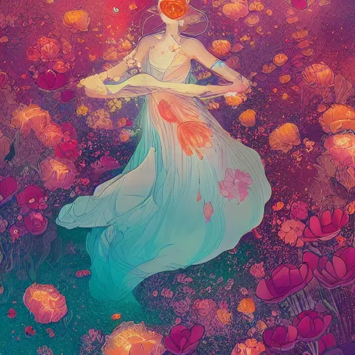 Prompt: Ginger woman in a swirling sundress of flowers, underwater, floral explosion, radiant light, vortex of plum petals, by WLOP, Victo Ngai and artgerm, artstation, deviantart