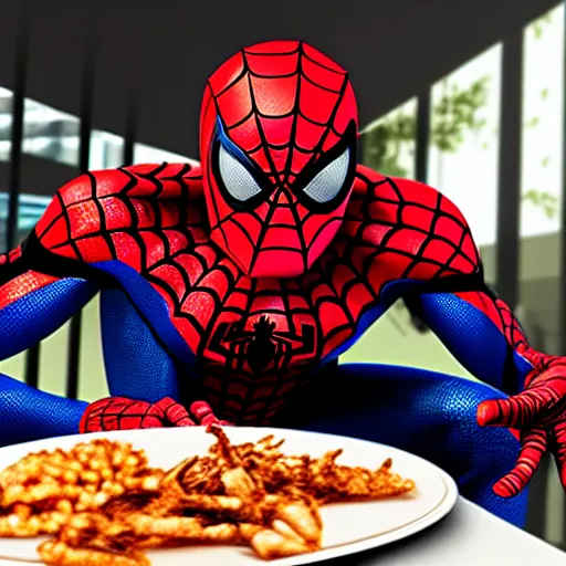 Image similar to spiderman eating greasy food from arby's restaurant, photorealistic, highly detailed,