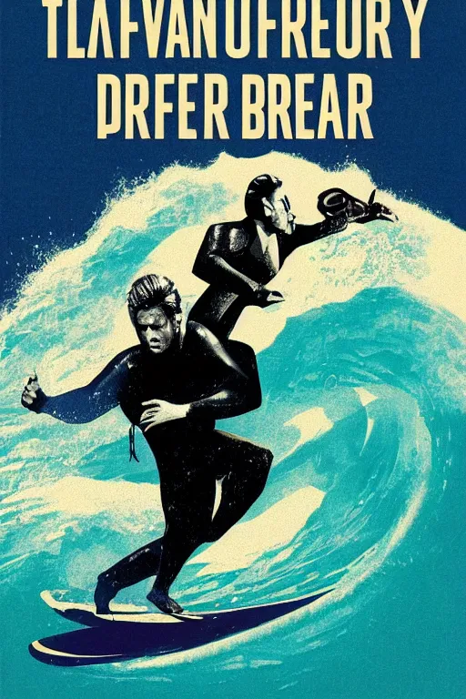 Prompt: poster art, movie poster, retrofuturism, noir, textured, paper texture, point break by edward valigursky, saul bass and paul rand, surfing, ocean, waves