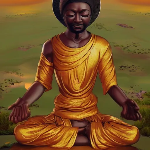 Image similar to contented peaceful nigerian!! bodhisattva, praying meditating, in a scenic environment, detailed, golden hour, realism, artstation trending, digital art