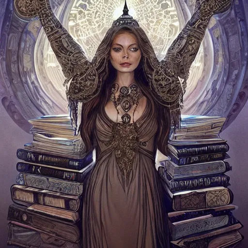 Prompt: a portrait of ornella muti as the goddess minerva surrounded by stacks of books, bioluminescent gown with deep level of detail of esoteric symbols, urban motifs, intricate, elegant, highly detailed, digital painting, trending on artstation, concept art, smooth sharp focus, illustration, art by artgerm and greg rutkowski