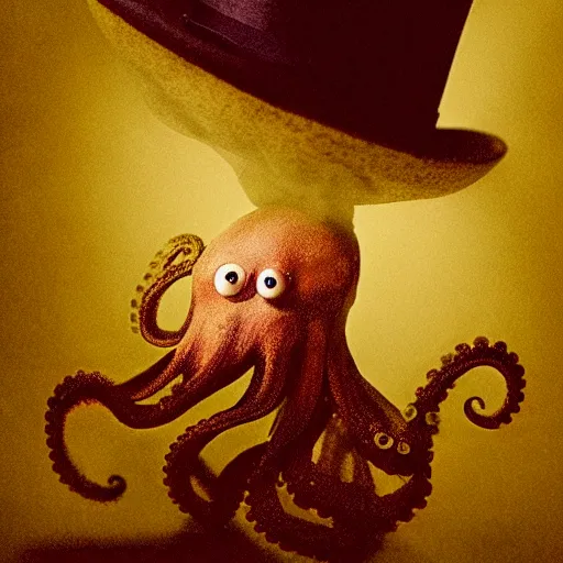 Prompt: an octopus wearing a tophat and smoking a cigarette, chiaroscuro, medium shot, cinematic promo material