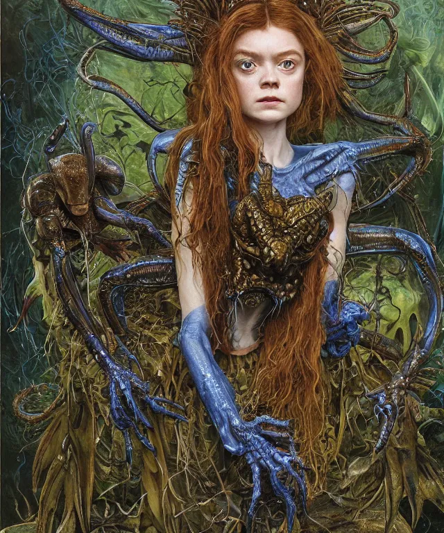 Prompt: a portrait photograph of a fierce sadie sink as an alien harpy queen with slimy amphibian skin. she is trying on evil bulbous slimy organic membrane parasitic fetish fashion and transforming into an blue insectoid amphibian. by donato giancola, walton ford, ernst haeckel, brian froud, hr giger. 8 k, cgsociety