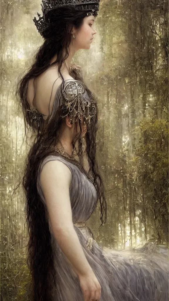 Prompt: secret view from behind wide mirror of a beautiful black haired woman with pale skin and a crown on her head sitted on an intricate metal throne, very deep stillness atmosphere, silence, dimension of still moment, spiritual feeling, digital art, by daniel ridgway knight