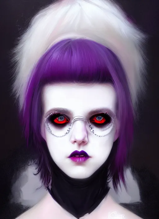 Image similar to portrait of white teenage girl, normal face, white bangs, mall goth, cyberlox, black and white hair, bangs, fluffy bangs, red contact lenses, purple lipstick, intricate, elegant, highly detailed, digital painting, artstation, concept art, sharp focus, smooth, illustration, art by wlop, mars ravelo and greg rutkowski