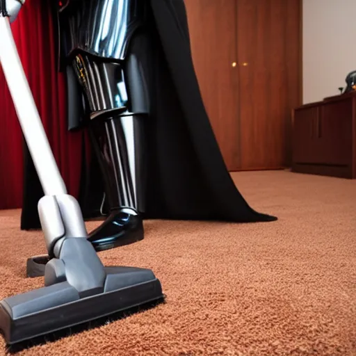 Image similar to a photo of darth vader vacuuming the carpet