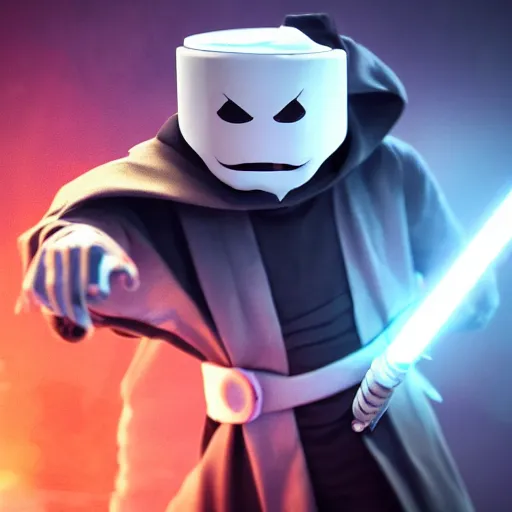 Image similar to a marshmello as palpatine attacking splash art, movie poster, cinematic lighting, detailed face, dramatic, 8 k render in mudbox, shallow depth of field
