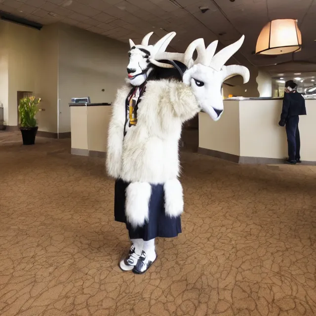 Image similar to a person wearing a fursuit of a goat fursona, fursona, furry convention, hotel lobby, indoors, photograph, furry fandom, photorealistic,