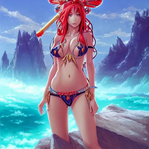 Prompt: anime portrait of a beautiful woman in bikini undress as a shaman yedi using dark force to eliminate trump as an anime antagonist by Stanley Artgerm Lau, WLOP, Rossdraws, James Jean, Andrei Riabovitchev, Marc Simonetti, and Sakimichan, trending on artstation