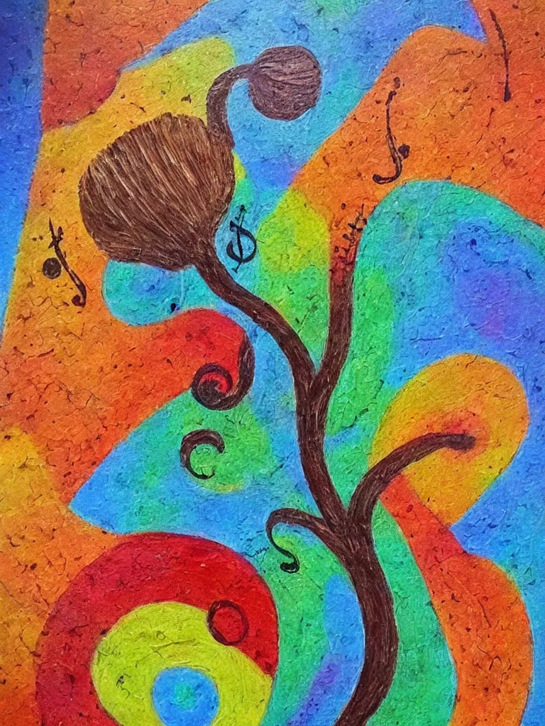 Image similar to an oil painting of an acorn that turns into a tree in the shape of a treble clef with a few scars on the tree, bursts of color, inspire and overcome