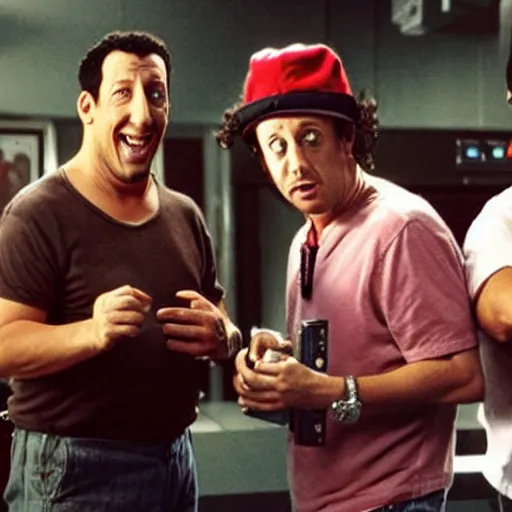 Prompt: Adam Sandler, Rob Schneider, and Paulie Shore, style of DC comics,