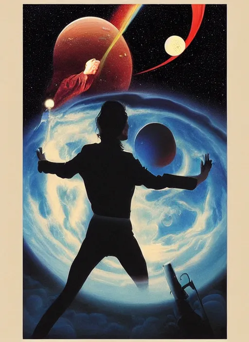 Image similar to david bowie floating through the cosmo outer space, twin peaks poster art, old retro pulp, by michael whelan, rossetti bouguereau, artgerm, nostalgic, old fashioned