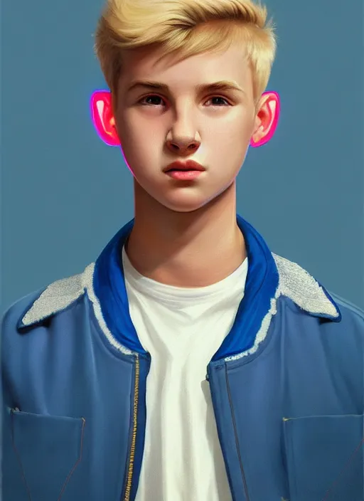 Image similar to portrait of a teenage boy named moose mason, blonde short hair, jock, beefy, square jaw, square facial structure, 1 9 5 0 s, blue varsity jacket, intricate, elegant, glowing lights, highly detailed, digital painting, artstation, concept art, smooth, sharp focus, illustration, art by wlop, mars ravelo and greg rutkowski