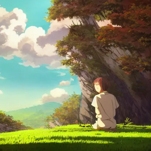 Prompt: guy and a friendly creature in the spitited away style, 4k art, high detail, smooth, anime beautiful peace scene, detailed face, studio ghibli, sharp focus high quality, fantasy, forest, detailed, wonderful, sky, cinematic movie scene,