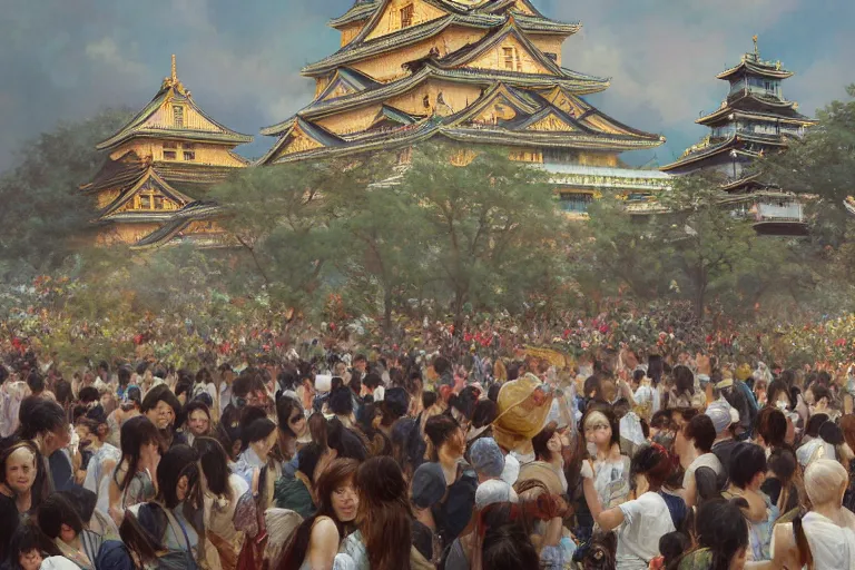 Image similar to a beautiful realistic painting of osaka castle festival, intricate, elegant, highly detailed, digital painting, artstation, concept art, by krenz cushart and artem demura and alphonse mucha