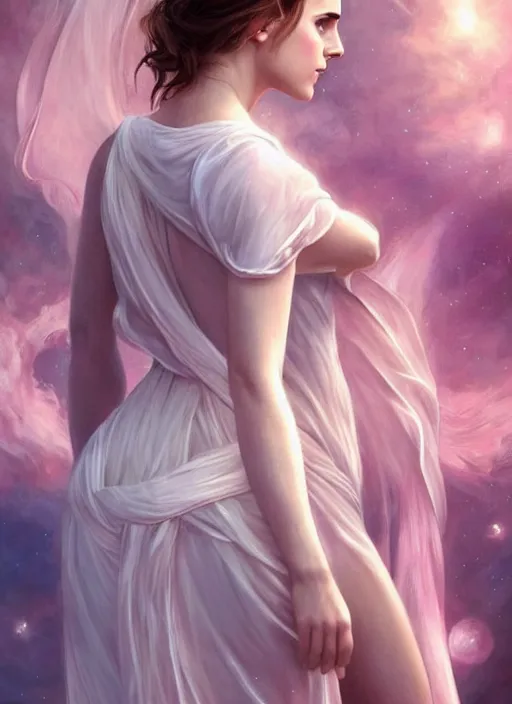 Image similar to emma watson as nature magic celestial, back pose, long hair, soft pink and white transparent cloth, space, D&D, shiny background, intricate, elegant, highly detailed, digital painting, artstation, concept art, smooth, sharp focus, illustration, artgerm, bouguereau