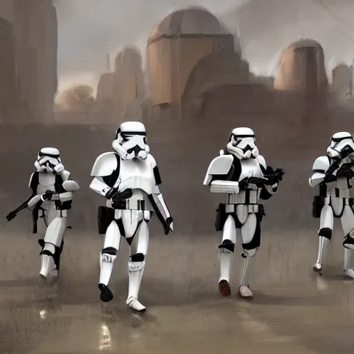 Image similar to an extremely long shot of an imperial stormtrooper walking concept art by Doug Chiang cinematic, realistic painting, high definition, very detailed, extremely high detail, photo realistic, symmetrical, concept art, the Mandalorian concept art style